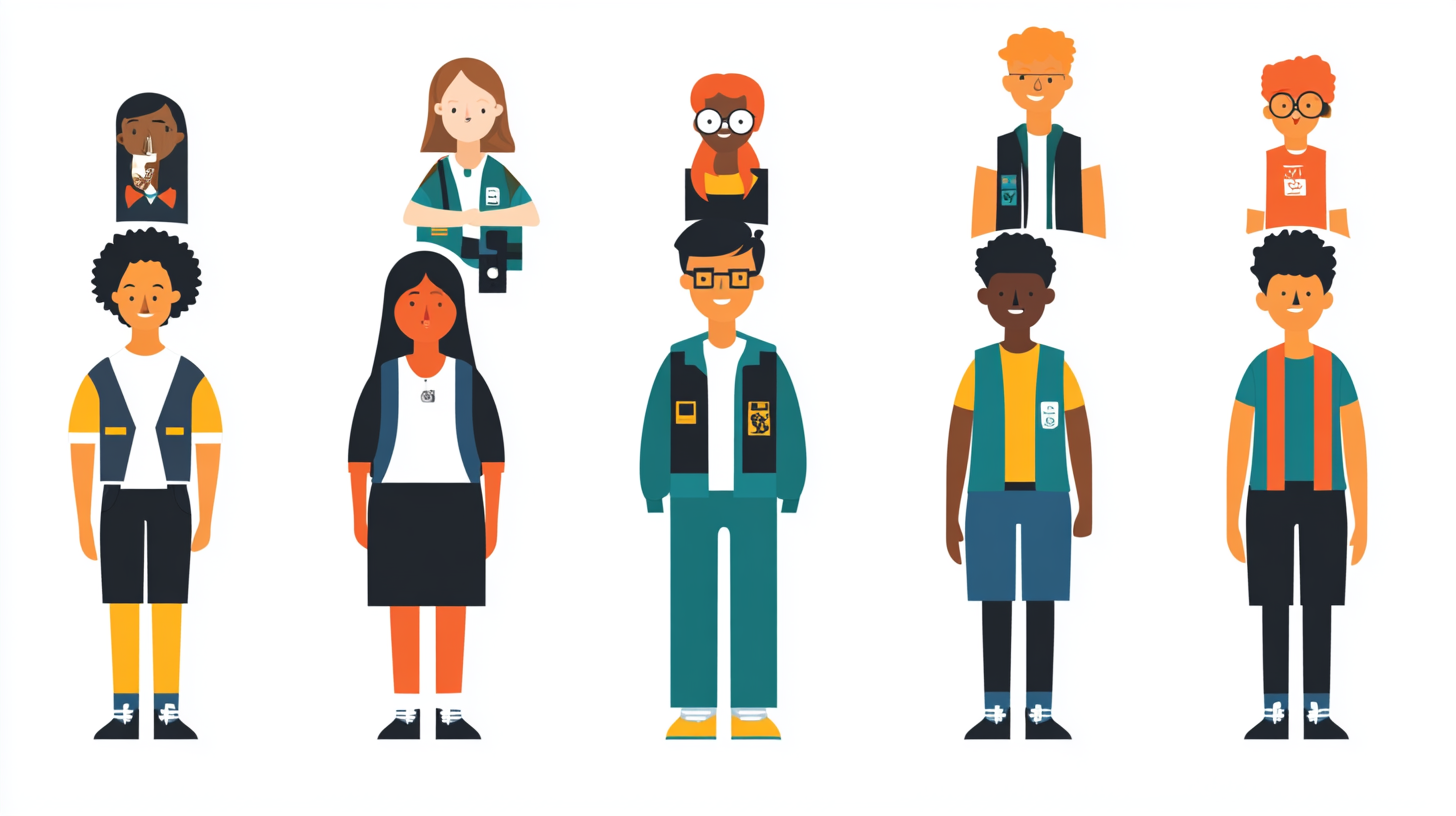 Vector flat characters for school, bold minimalist design.