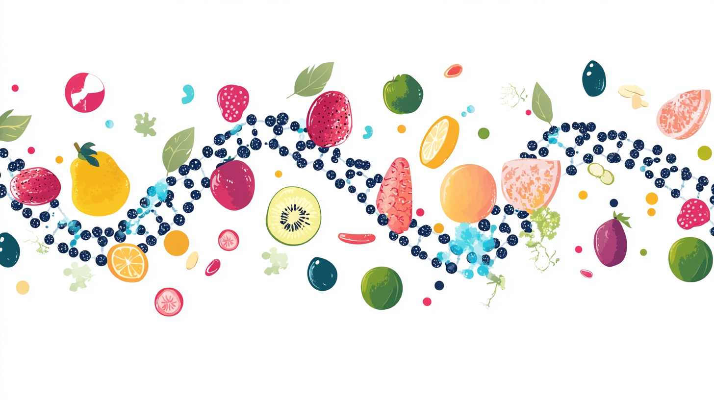 Vector illustration of DNA merging with fresh foods.