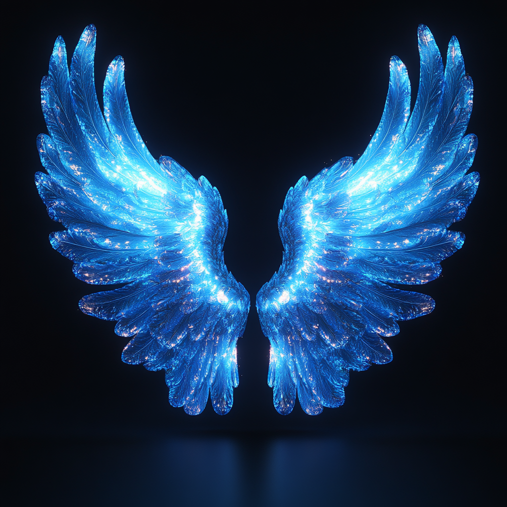 Vector illustration of glowing angel wings on black background.