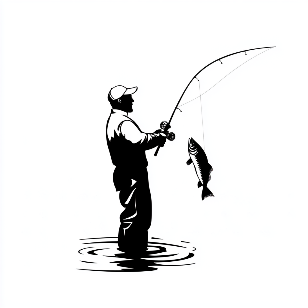 Vector illustration of man fishing with Bass catch.