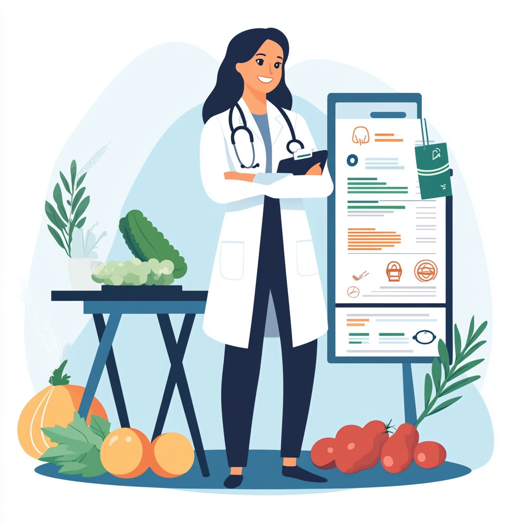 Vector illustration of standing nutritionist with certificates, clients.