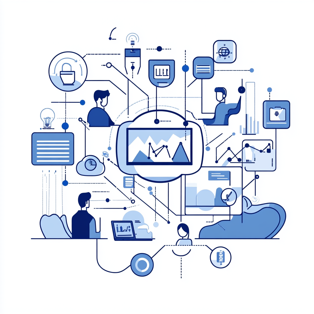 Vector illustration of technical support team, marketing assistance icons.