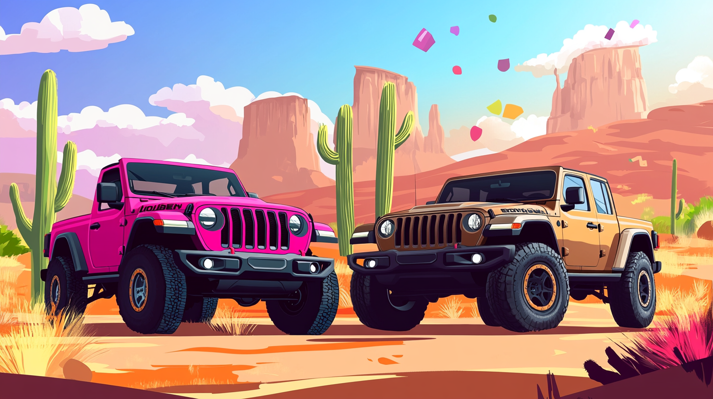 Vector illustration: Jeep Gladiator and Audi R8 together desert-themed.