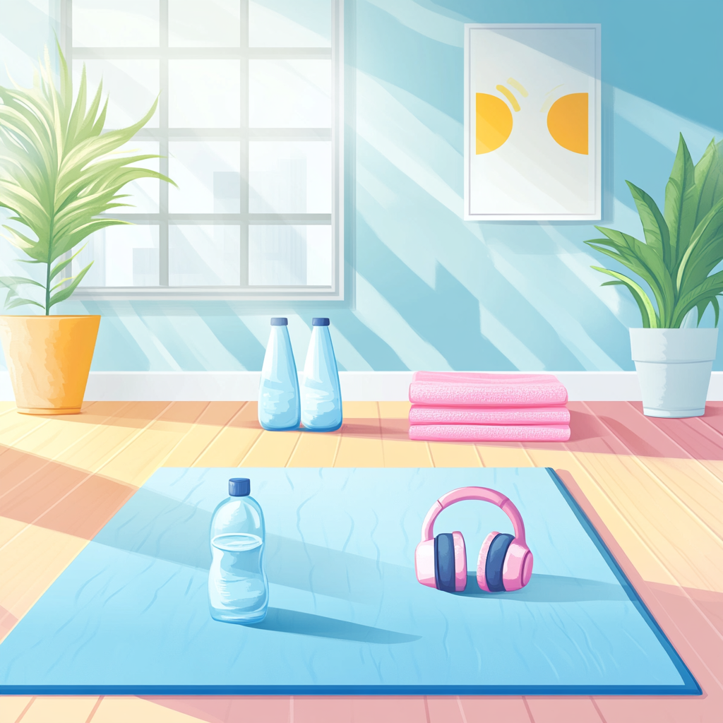 Vector living room scene with exercise mat and headphones.