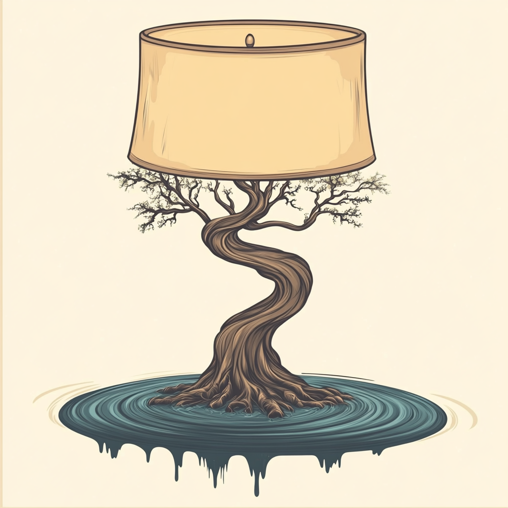 Vector logo depicts lamp with tree roots pedestal.