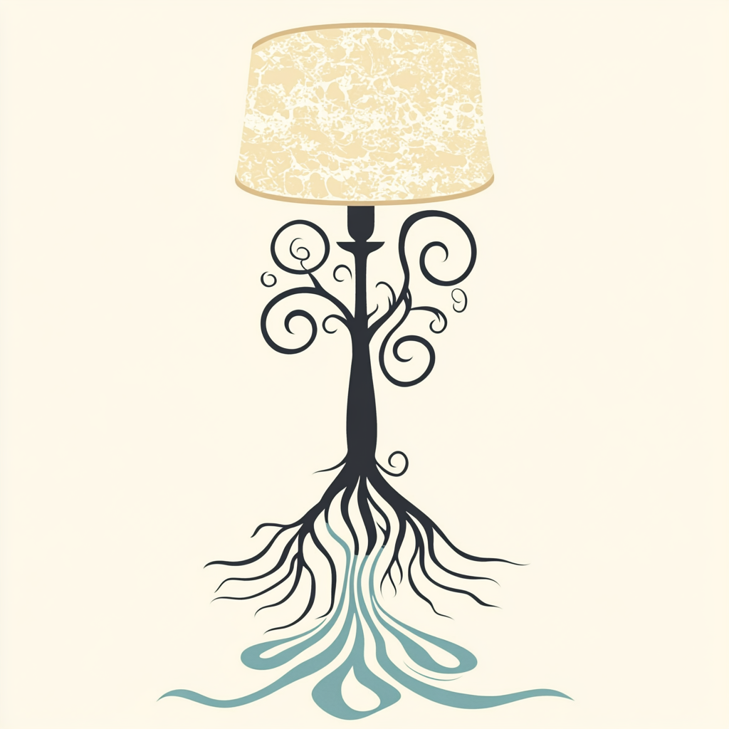 Vector logo lamp with tree roots pedestal, ecru lampshade.