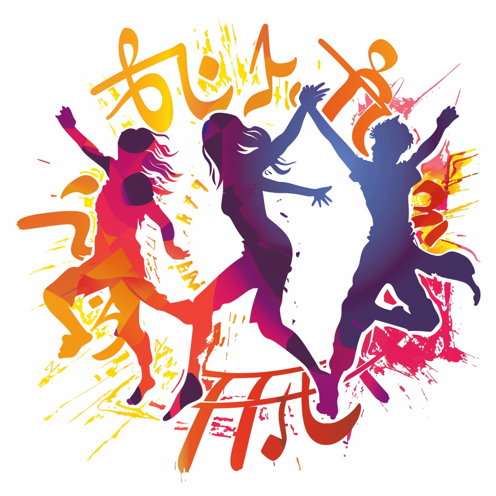 Vector logo with Hindi symbols, people dancing at rave.