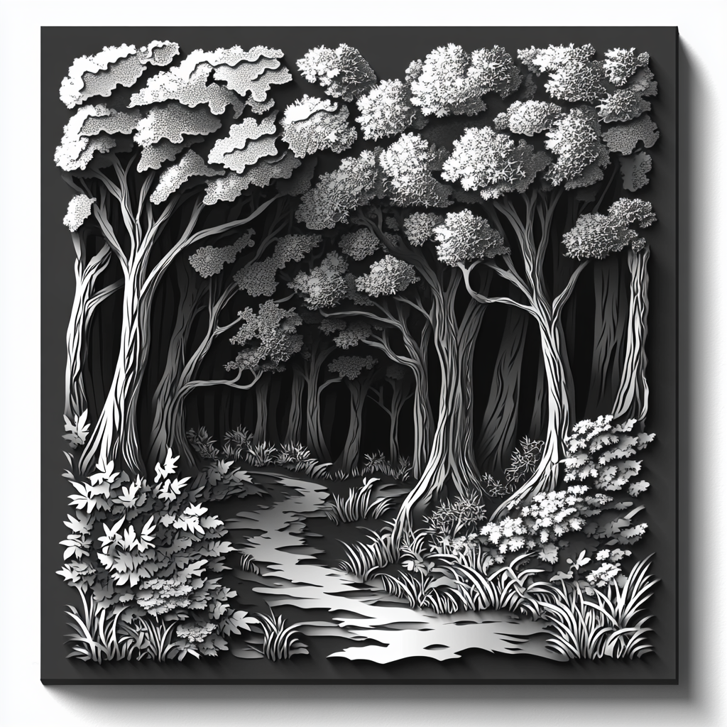 Vector-style metal wall art of serene forest in frame.