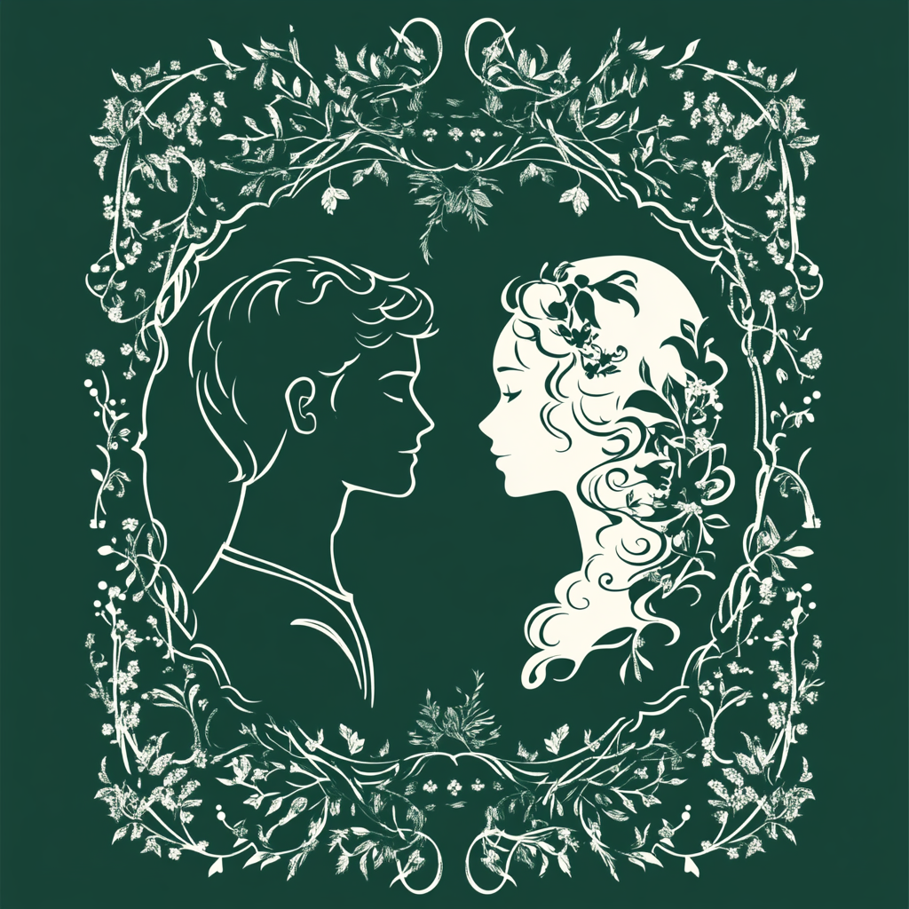 Vector style playing card design with ornate vines. Two 20s couple profiles, dark hair, nose sizes.