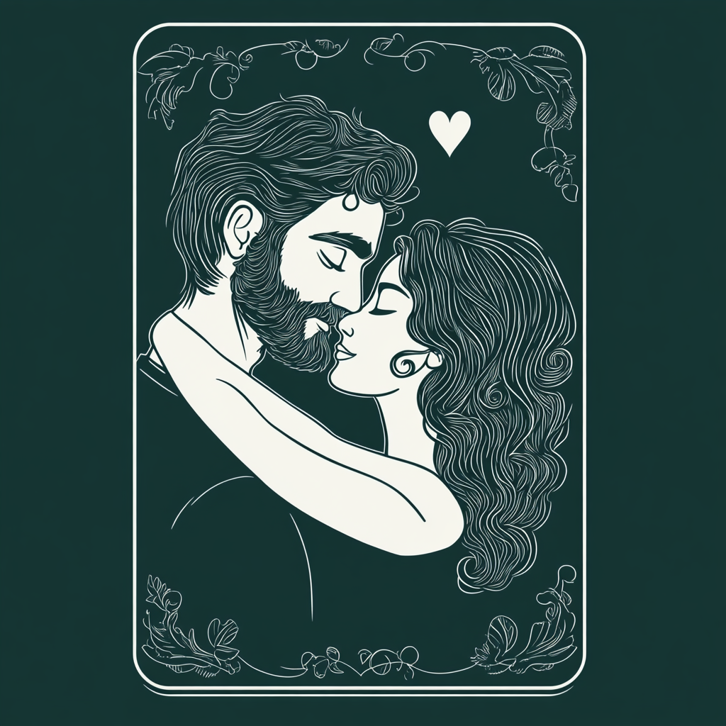 Vector style playing card: green with couple in love.