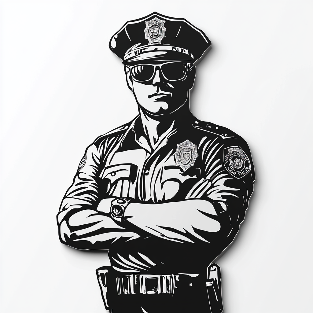 Vector-style police officer metal wall art in black and white.