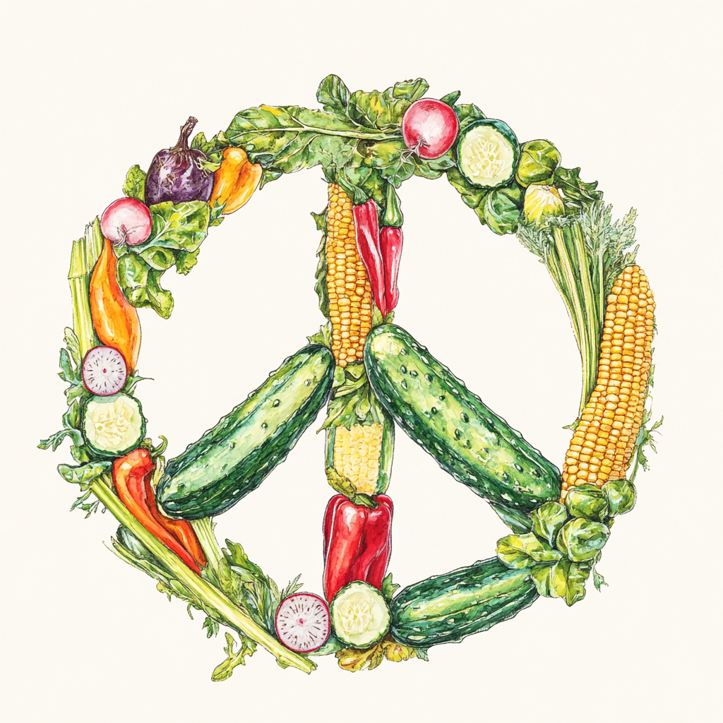 Vegetable peace sign illustration: radishes, corn, cucumbers.