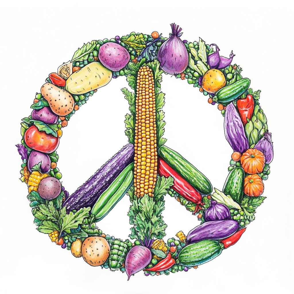 Veggie peace sign with vivid water color accents.