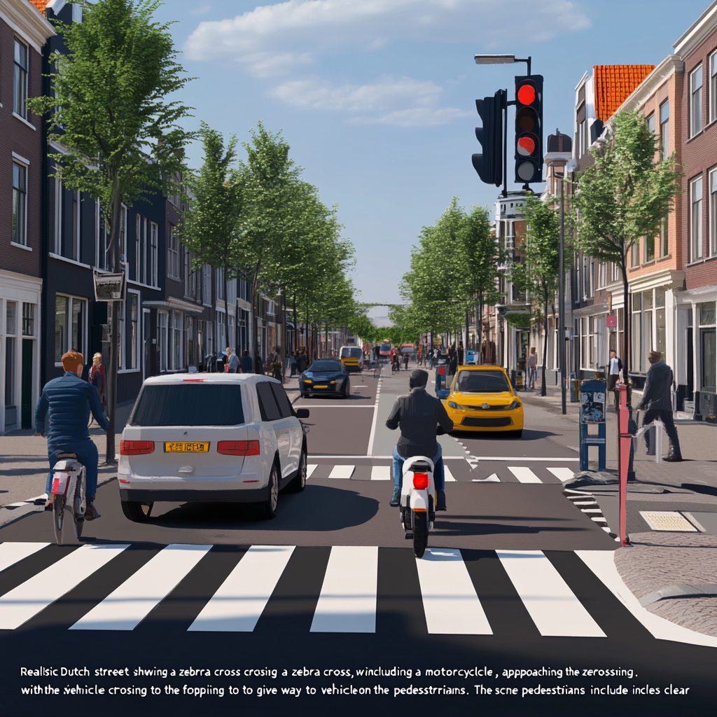 Vehicle stop at Dutch zebra crossing, pedestrians cross safely.