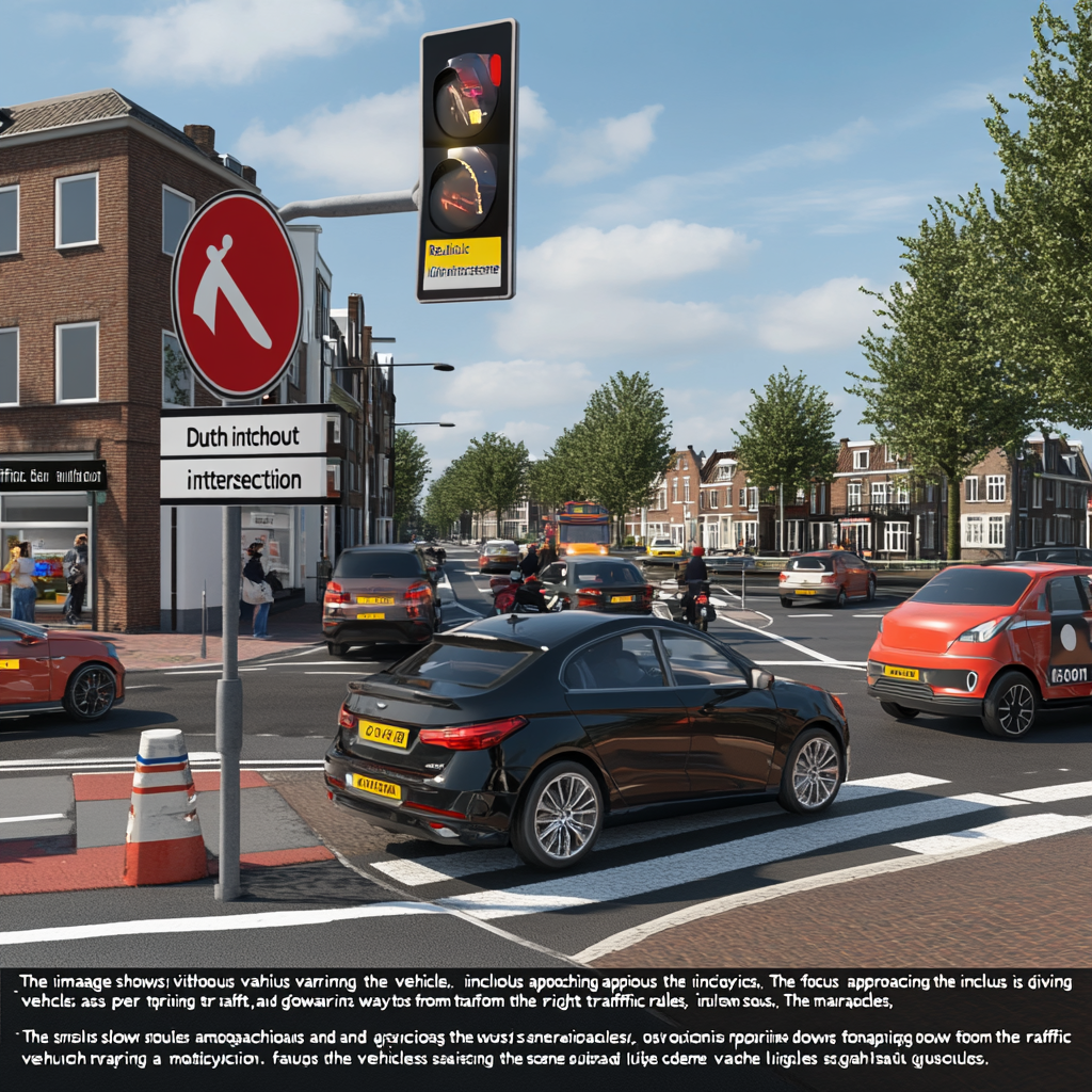 Vehicles giving way at Dutch intersection without traffic lights.