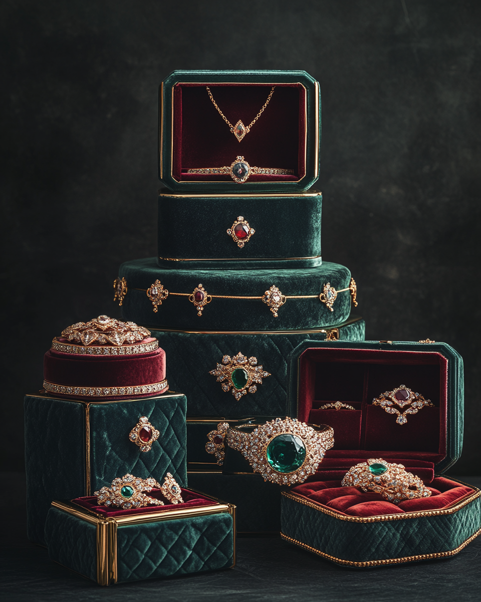 Velvet jewelry boxes with sparkling gemstones on display