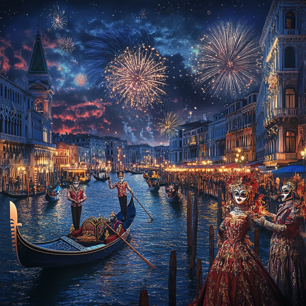 Venetian Carnival Night Scene with Masked Revelers, Gondolas, Fireworks