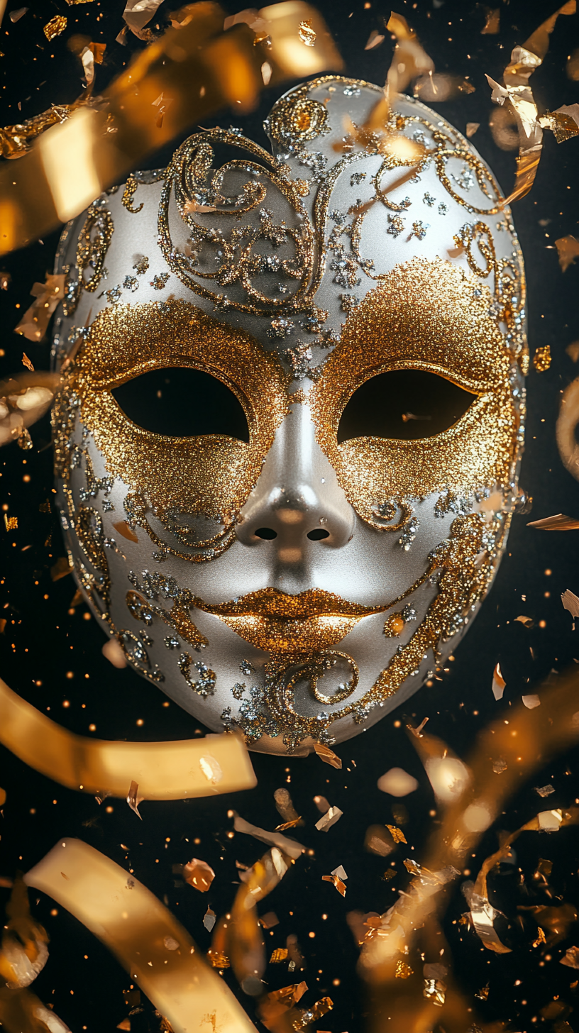 Venetian carnival mask with glitter, gold foil, confetti, streamers