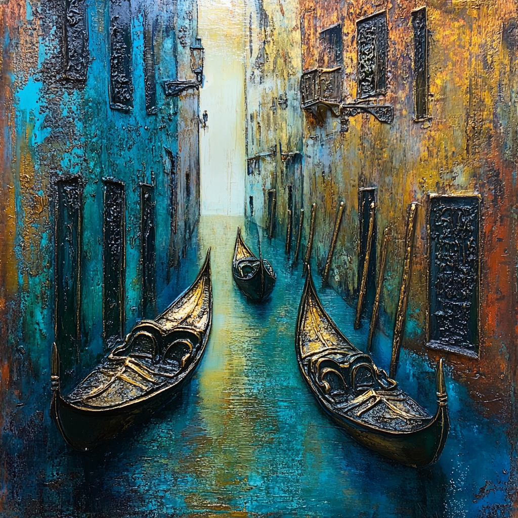 Venice gondolas, Monet-style painting, bronze finish, spatula relief.