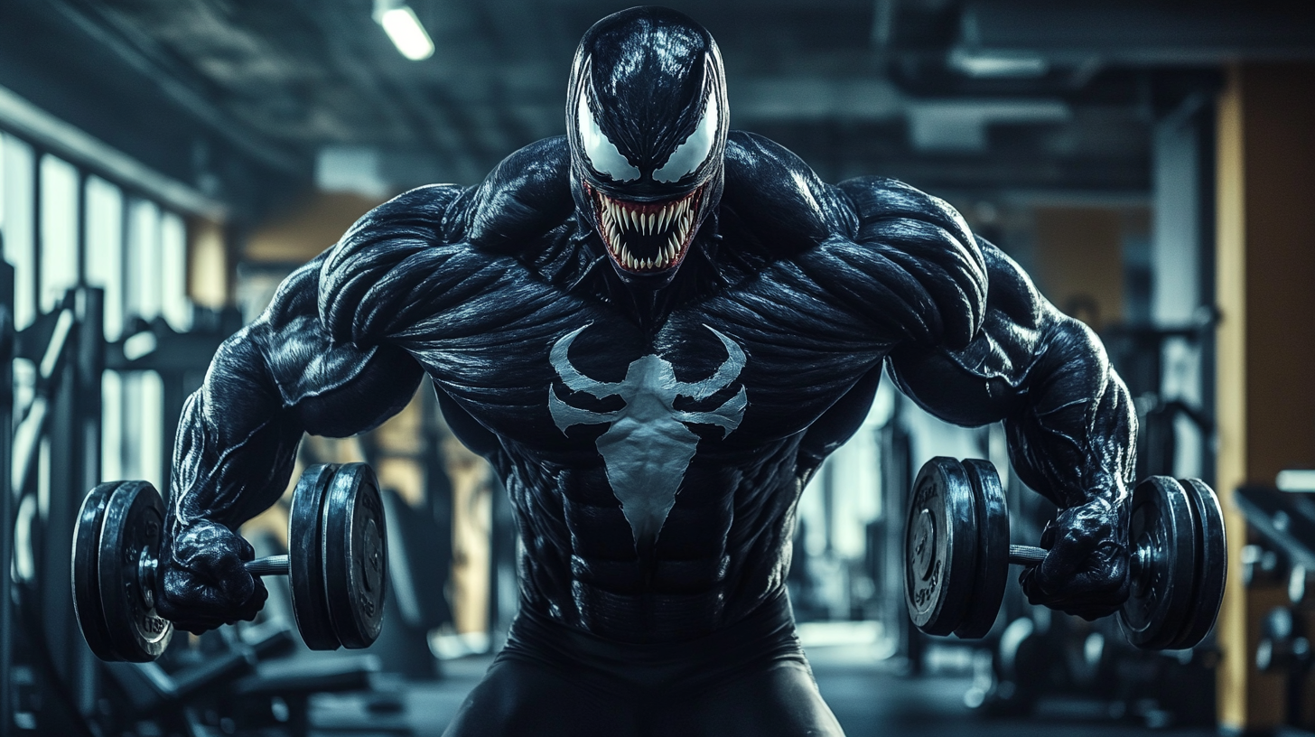 Venom's Strong Muscles in Gym with Dumbbells