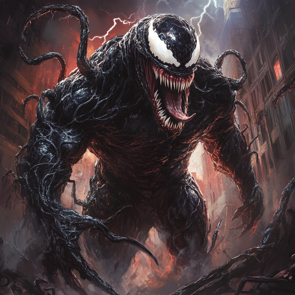 Venom-Godzilla hybrid monster with sharp teeth and glowing eyes.