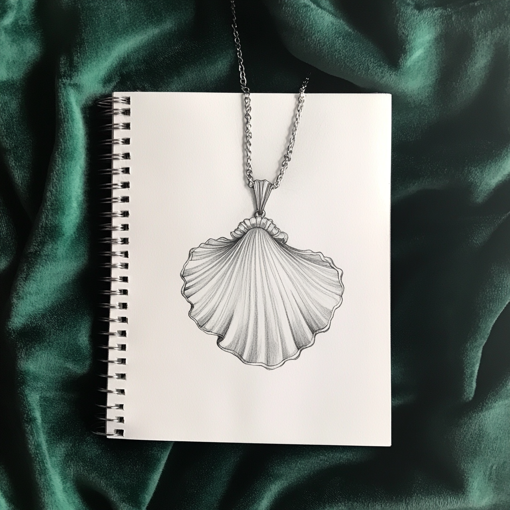 Venus-inspired art nouveau pendant sketch on spiral notebook