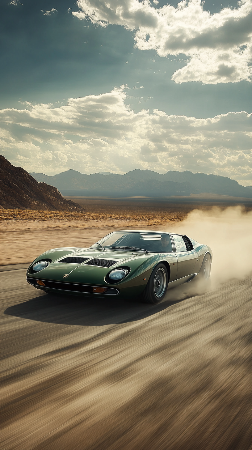 Verde Miura Lamborghini racing in desert, dust clouds.