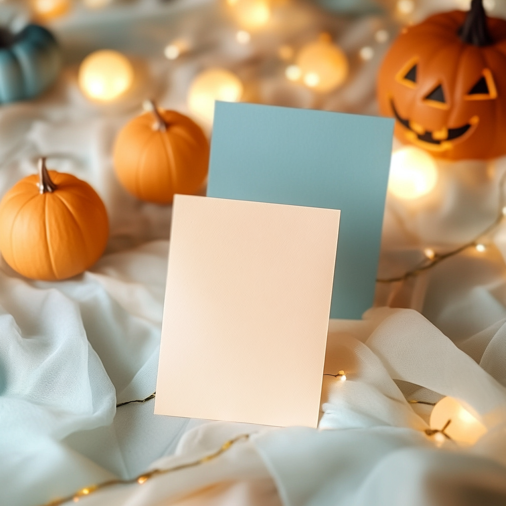 Vertical Halloween party invitation mockup with orange and teal.