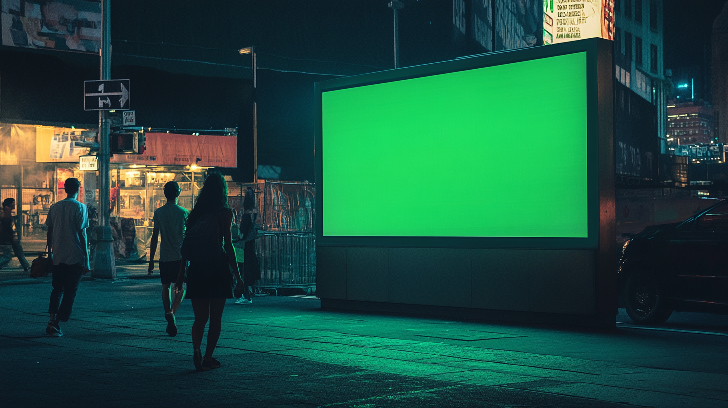 Vertical billboard in NYC nightlife with green inside color.