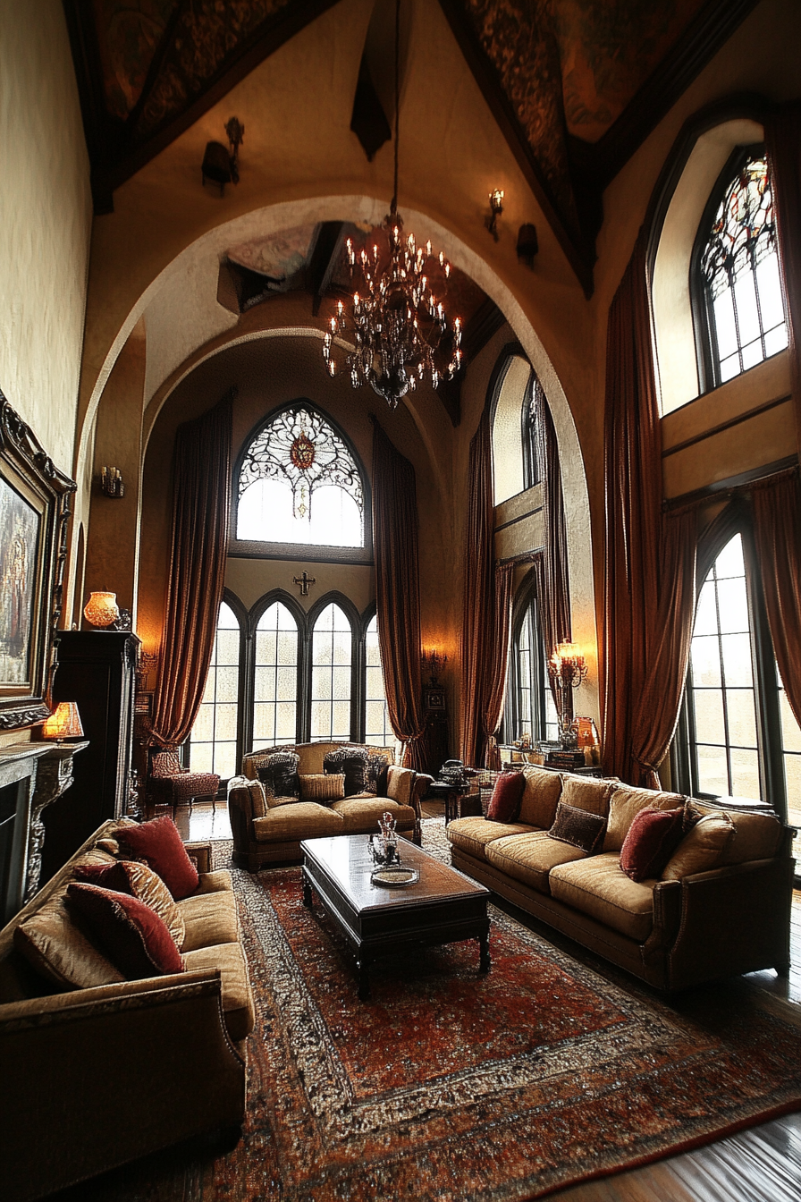 Vertical grandeur and architectural detail highlight ornate furnishings.