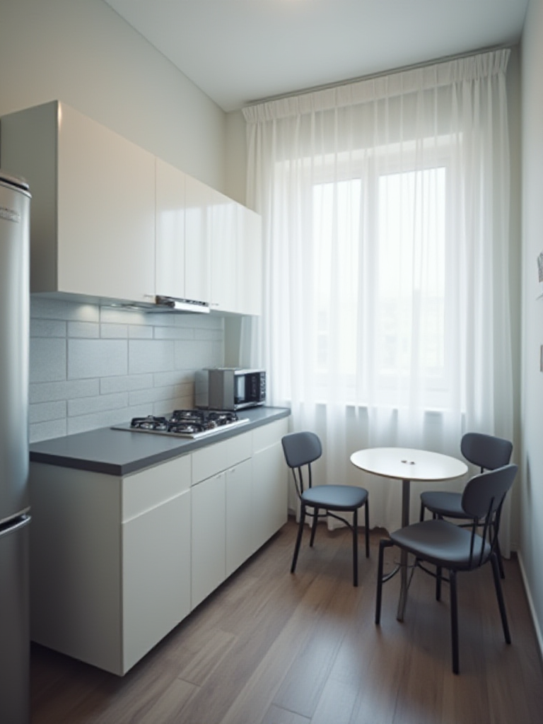 Vertical photo of modern Russian kitchen with minimalist design.