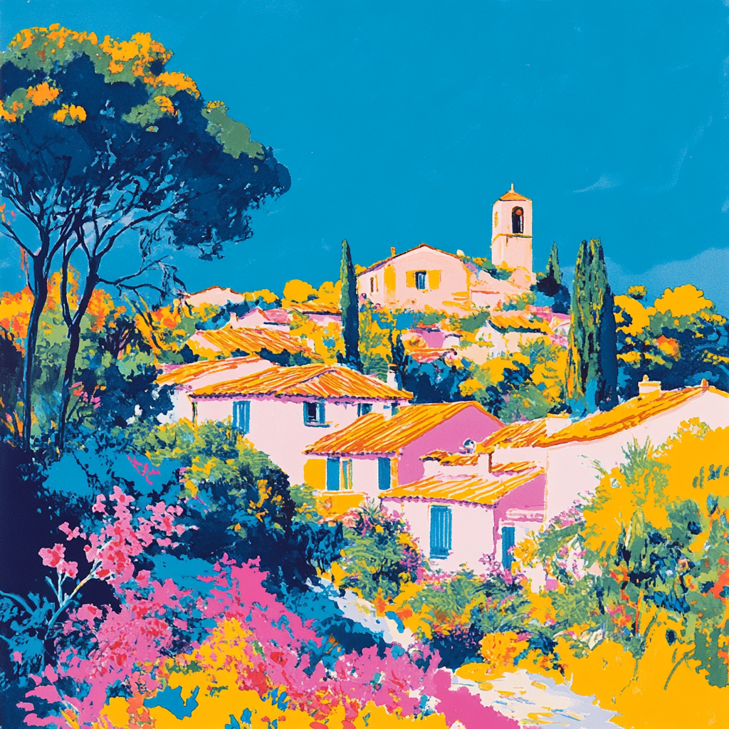 Very colorful risograph print of a Provencal village.