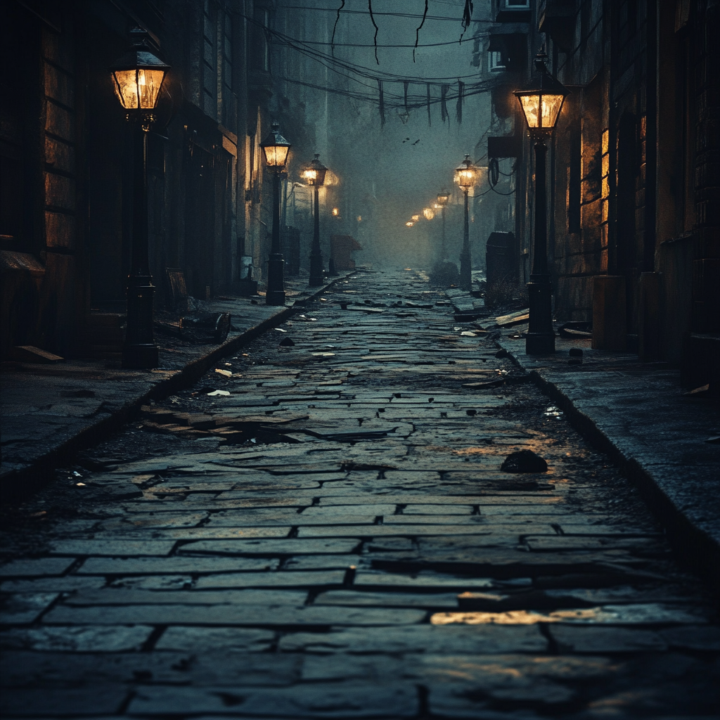 Very long street with dim lanterns, gloomy atmosphere.