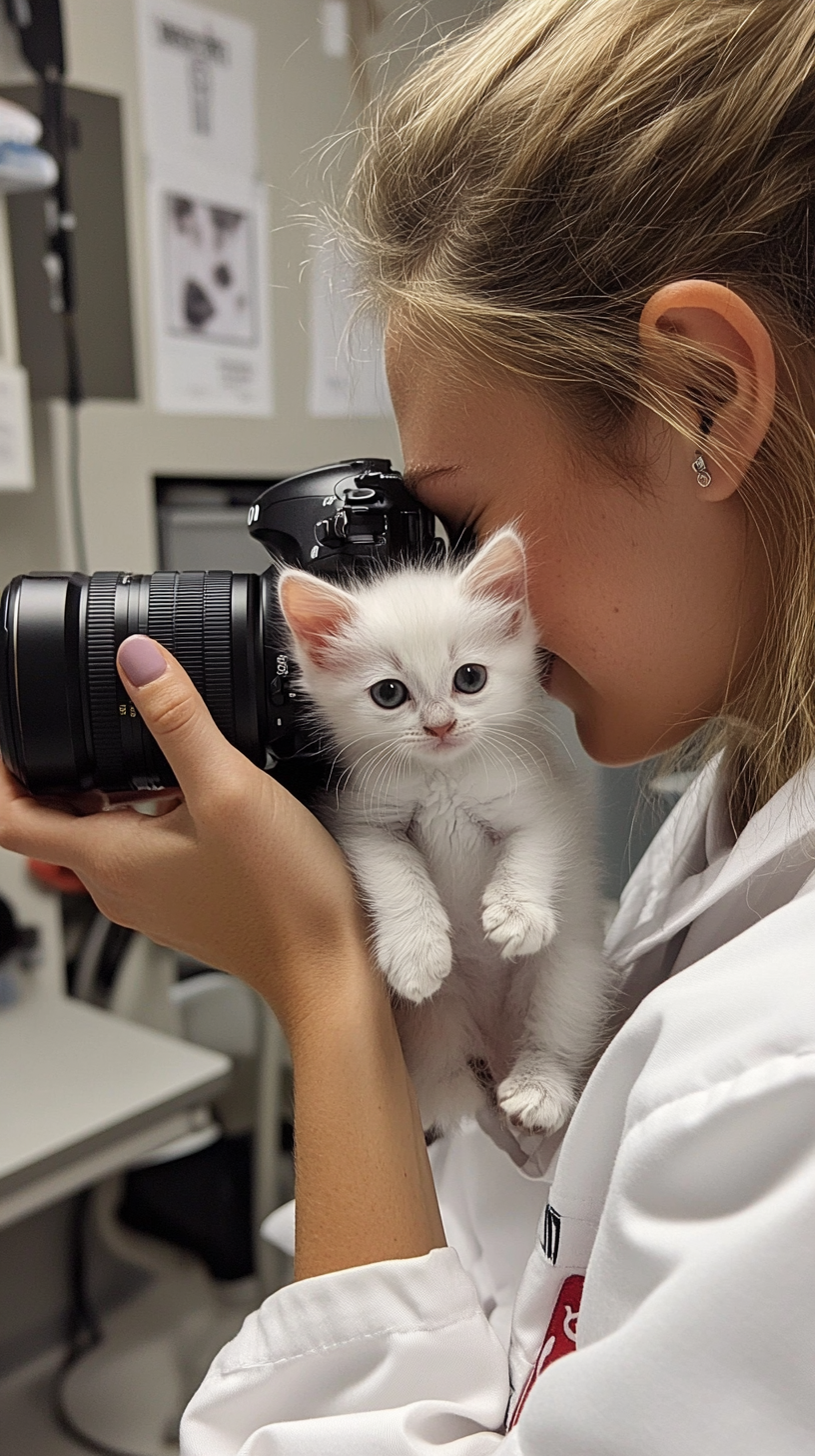 Vet examines kitten, takes photos in clinic setting