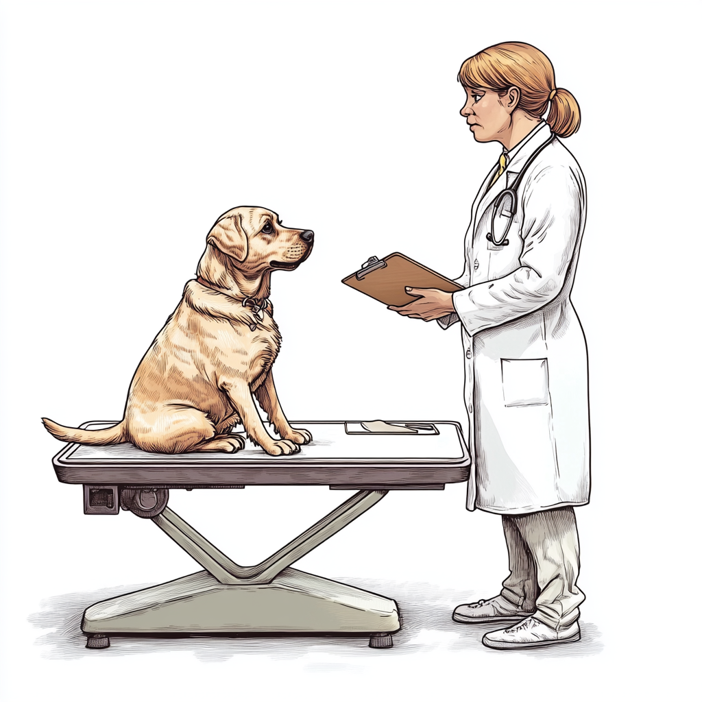 Veterinarian examines dog on medical table, white background.