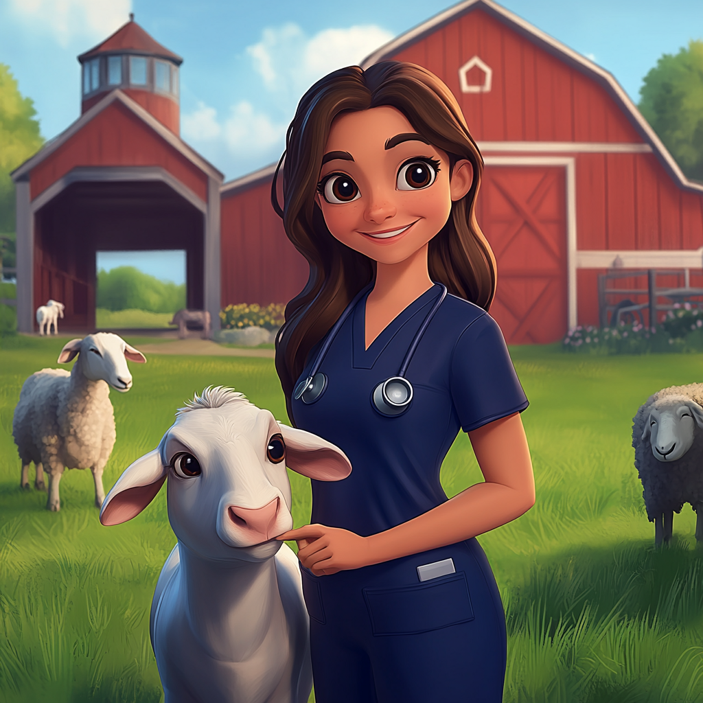 Veterinarian woman in blue scrubs petting cow, goat, sheep.