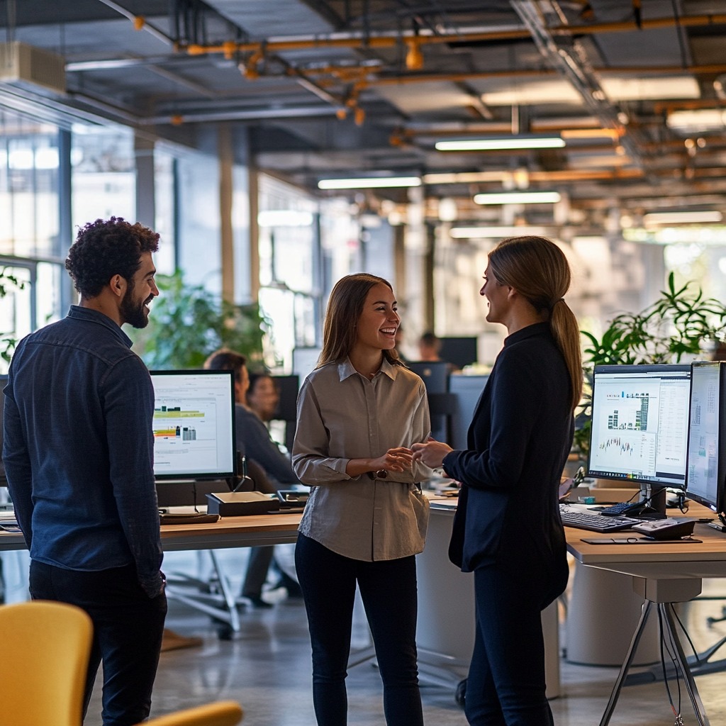 Vibrant, modern tech office with enthusiastic employees collaborating.