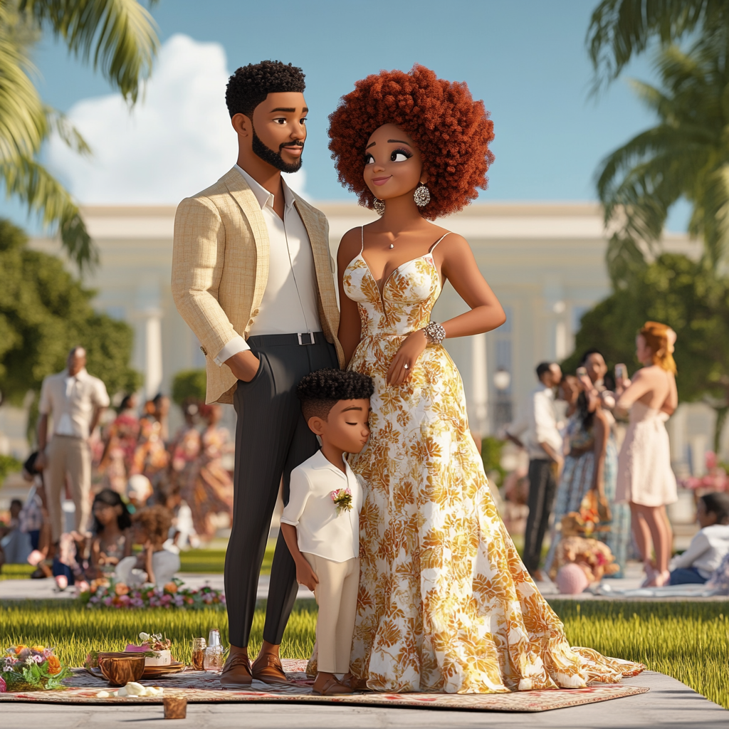 Vibrant 3D Cartoon African-American Family at Bank