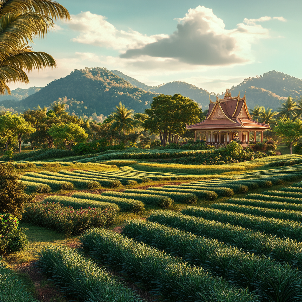 Vibrant 3D Thai landscape with green fields.