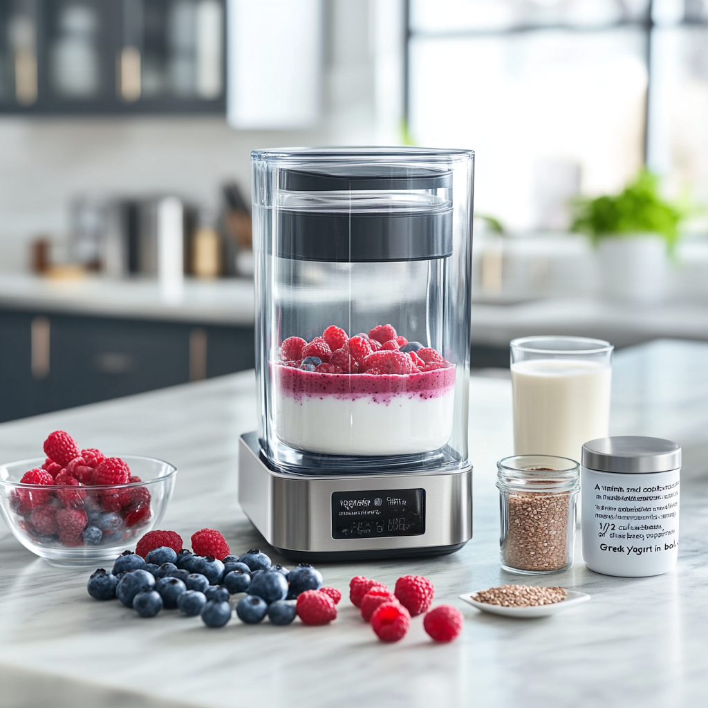 Vibrant Berry Yogurt Smoothie Preparation in Modern Kitchen