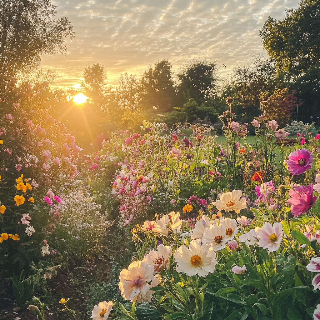 Vibrant Blooming Garden at Sunrise, iPhone 15 Pro Photo