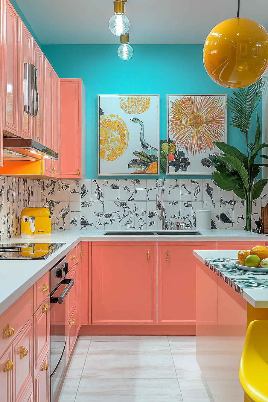 Vibrant Flamingo Pink Eclectic Kitchen with Artistic Atmosphere