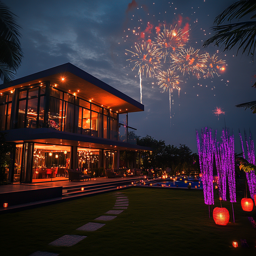 Vibrant Gen Z Diwali party in modern villa