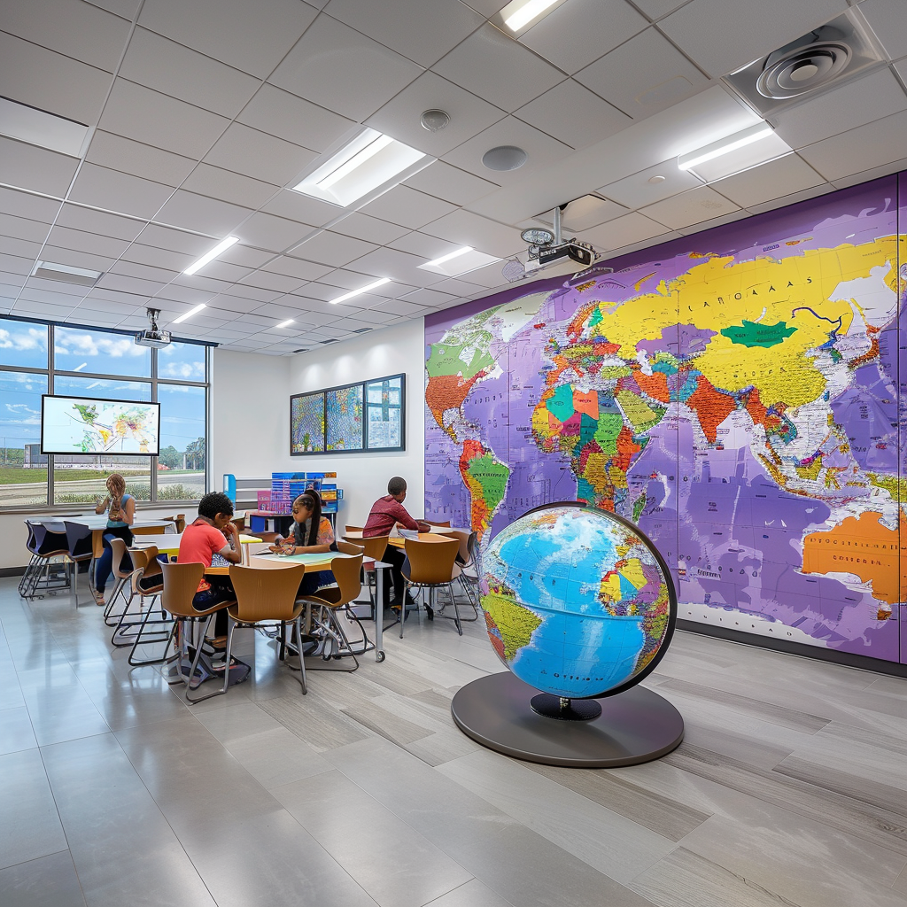 Vibrant Geography Classroom with Interactive Globe and Colorful Maps