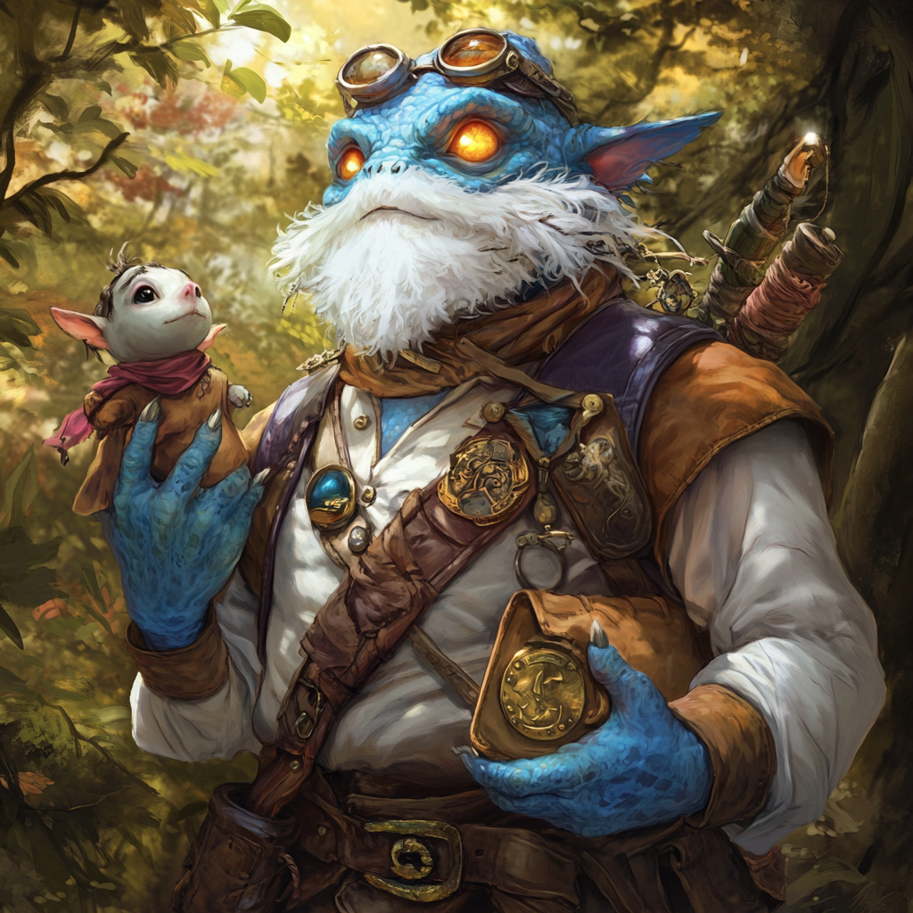 Vibrant Kobold Bard with puppets and loyal mastiffs in forest.