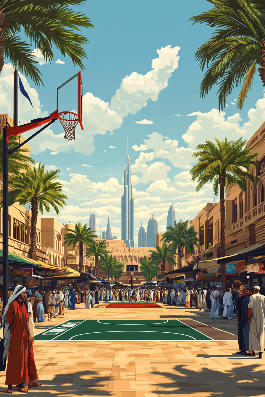 Vibrant Kuwaiti basketball court scene at bustling market.