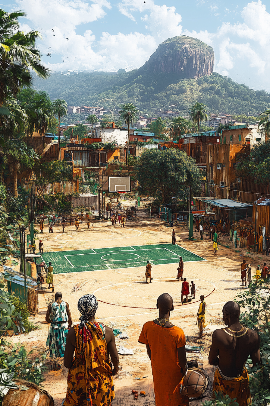 Vibrant Lagos basketball court with Nigerian cultural details.