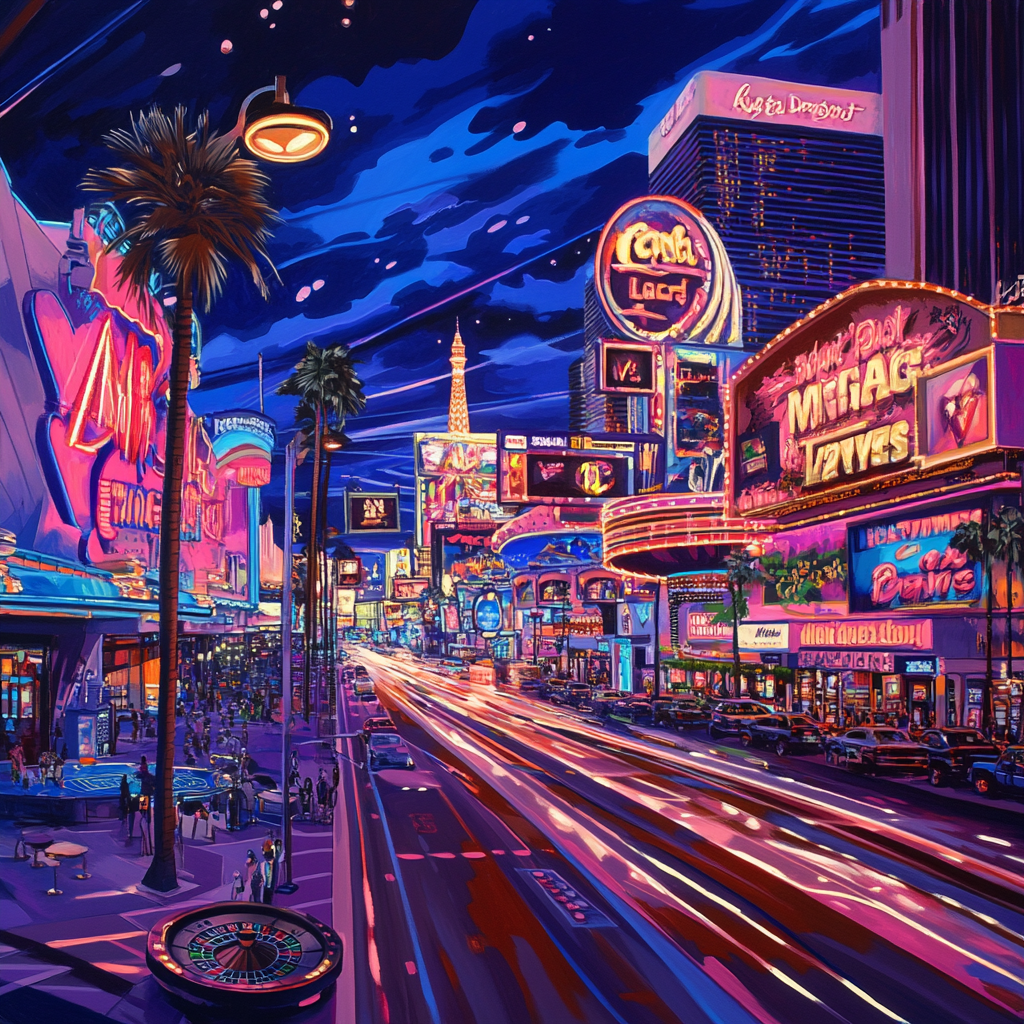 Vibrant Las Vegas night scene with iconic gambling elements.