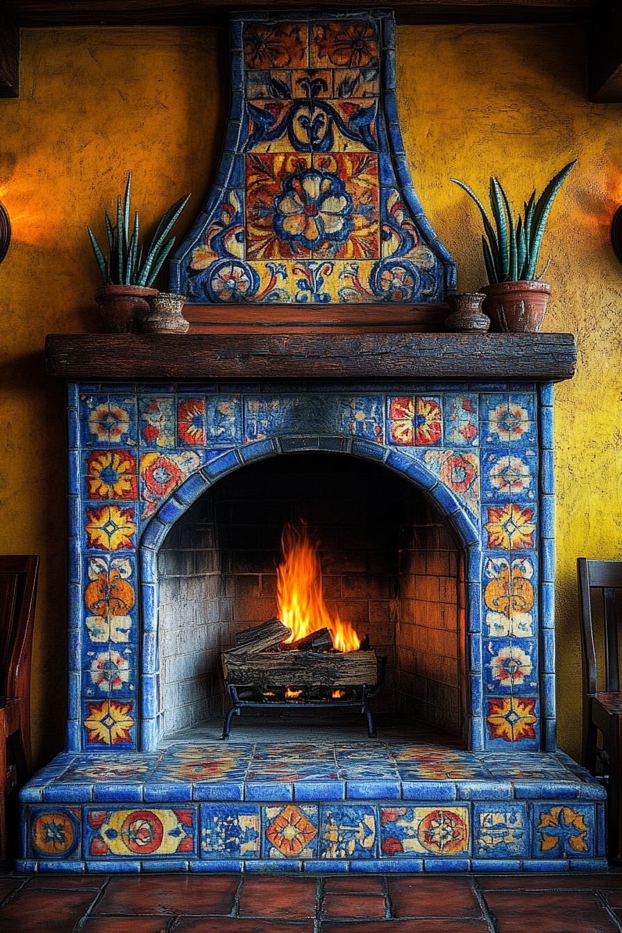 Vibrant Mediterranean tile fireplace in sunlit villa room.