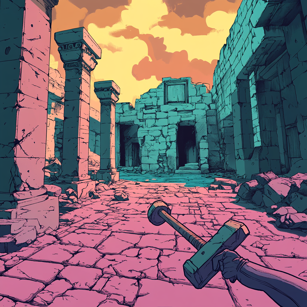 Vibrant Moebius Artstyle in Ancient Ruins Video Game